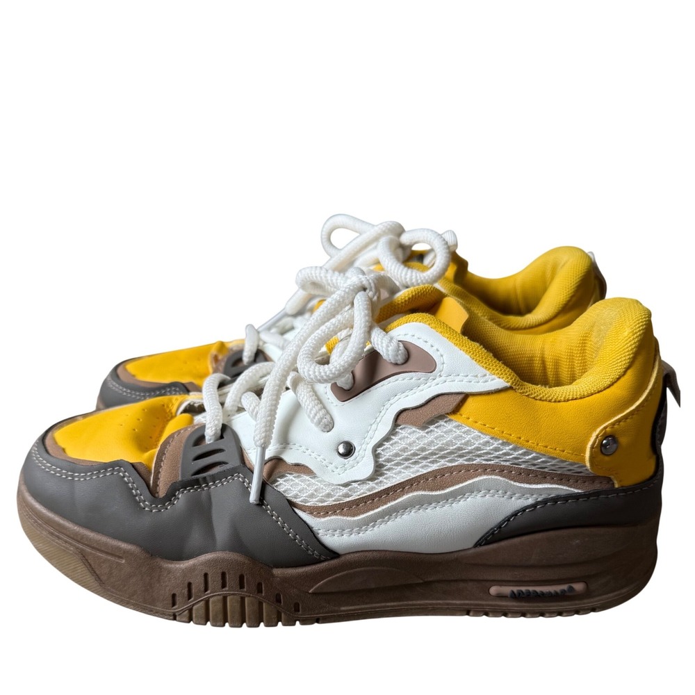 Skoo Wood Chunky Skate Sneakers |Y2K Platform Shoes |Yellow White‎ Brown | EU 41